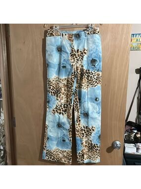 Simon Chang Blue Floral and Brown Cheetah Patterned Pants